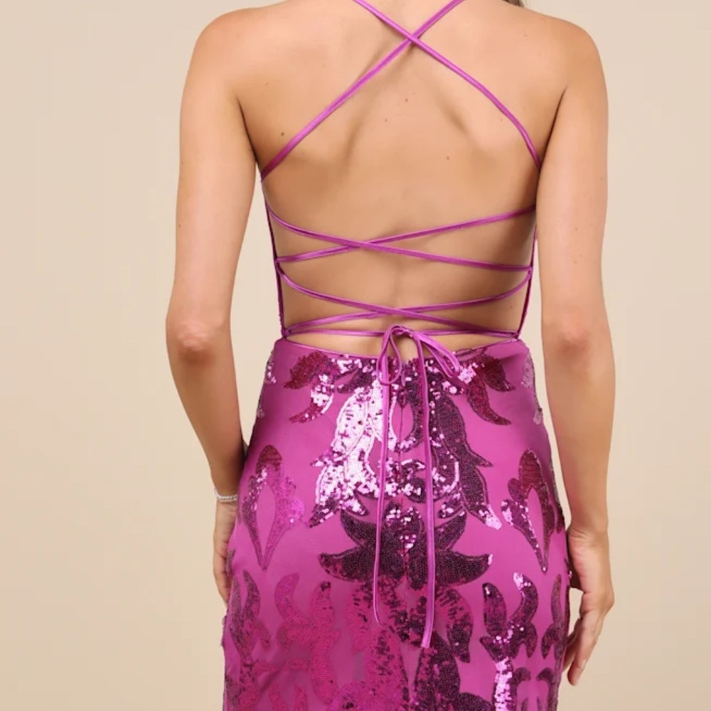 NEW! Lulus Magenta Purple Sequin Shine Lace Up Mini Dress Size Small - Picture 5 of 14